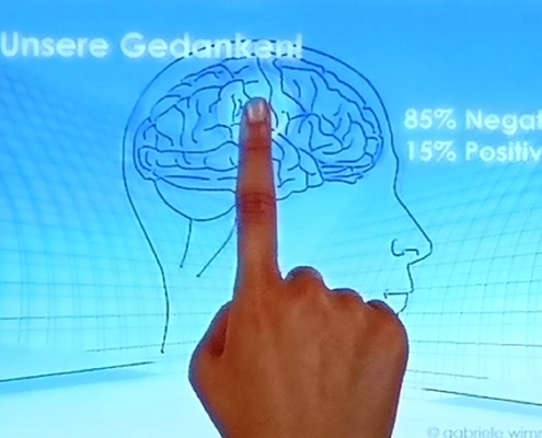 Finger auf Monitor mit Gehirnabbildung